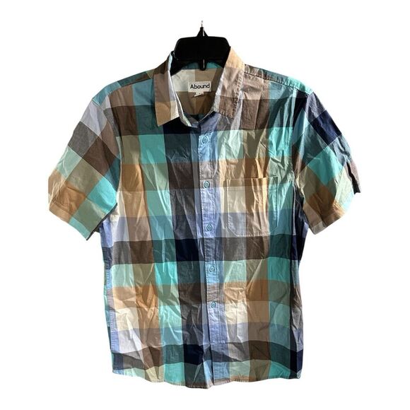 Abound Plaid Poplin Short Sleeve Button-Up Shirt Blue Collared Casual Size M - Picture 1 of 6